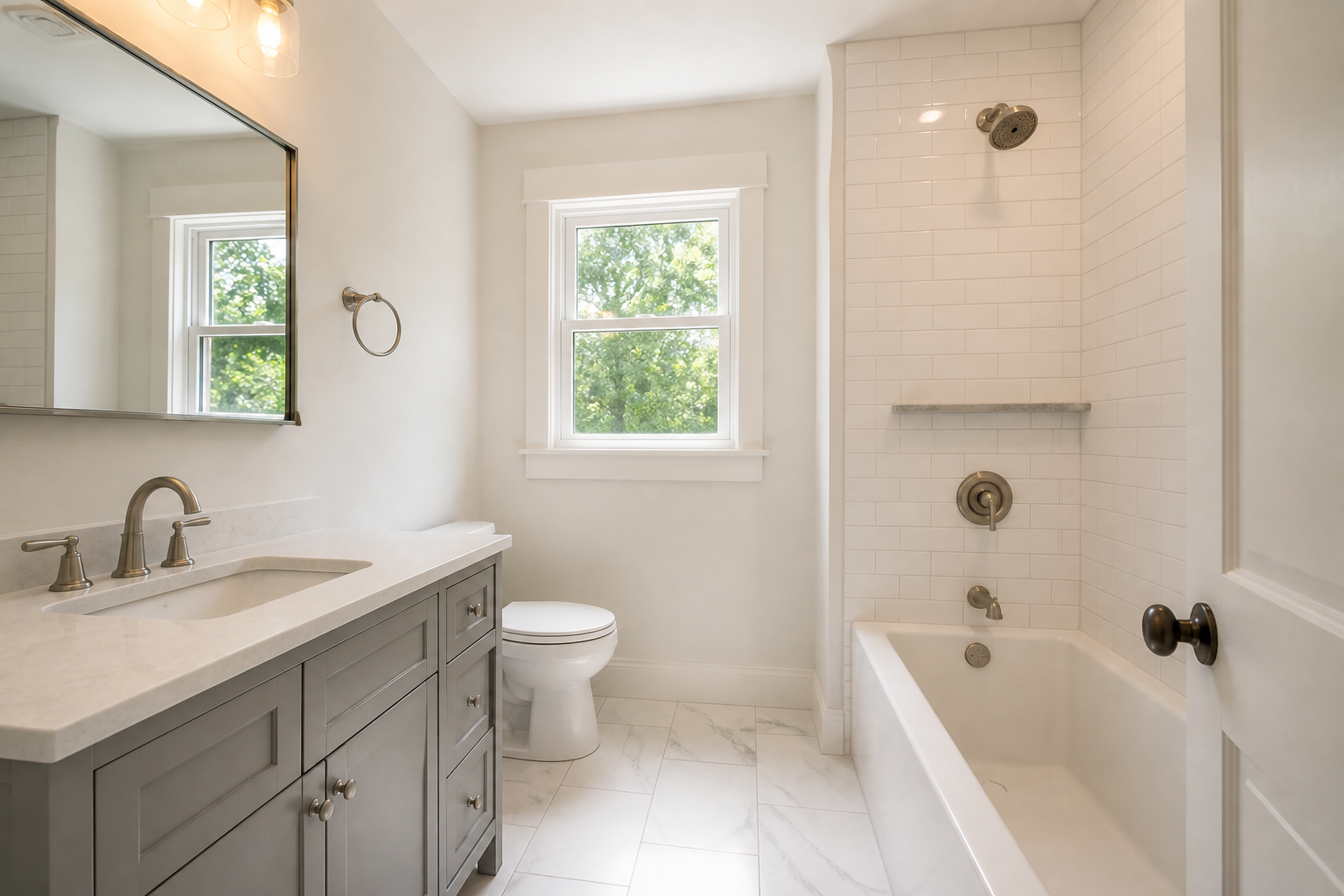 Finished bathroom remodel with vanity and tile
