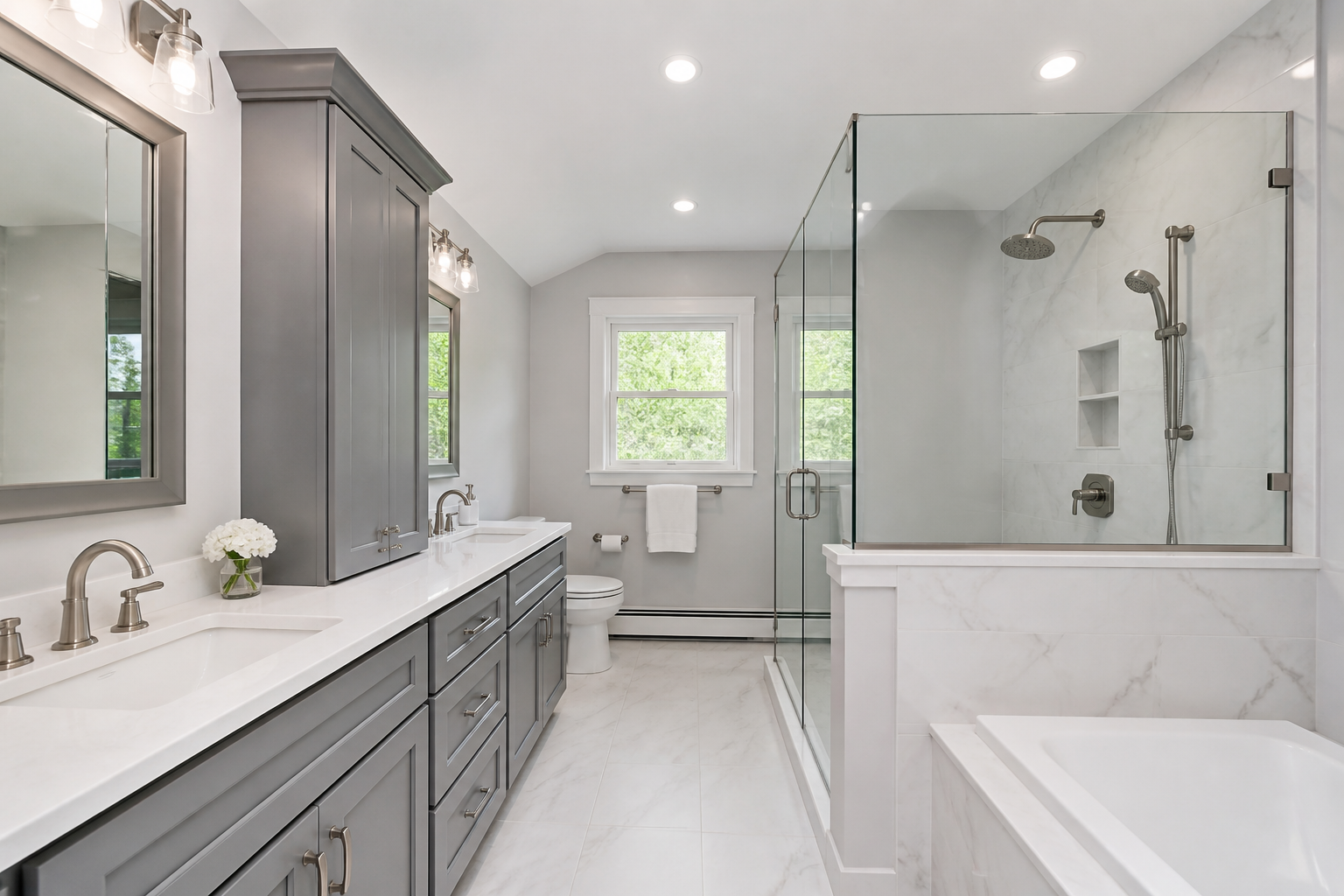 Completed bathroom remodel with tile shower and vanity