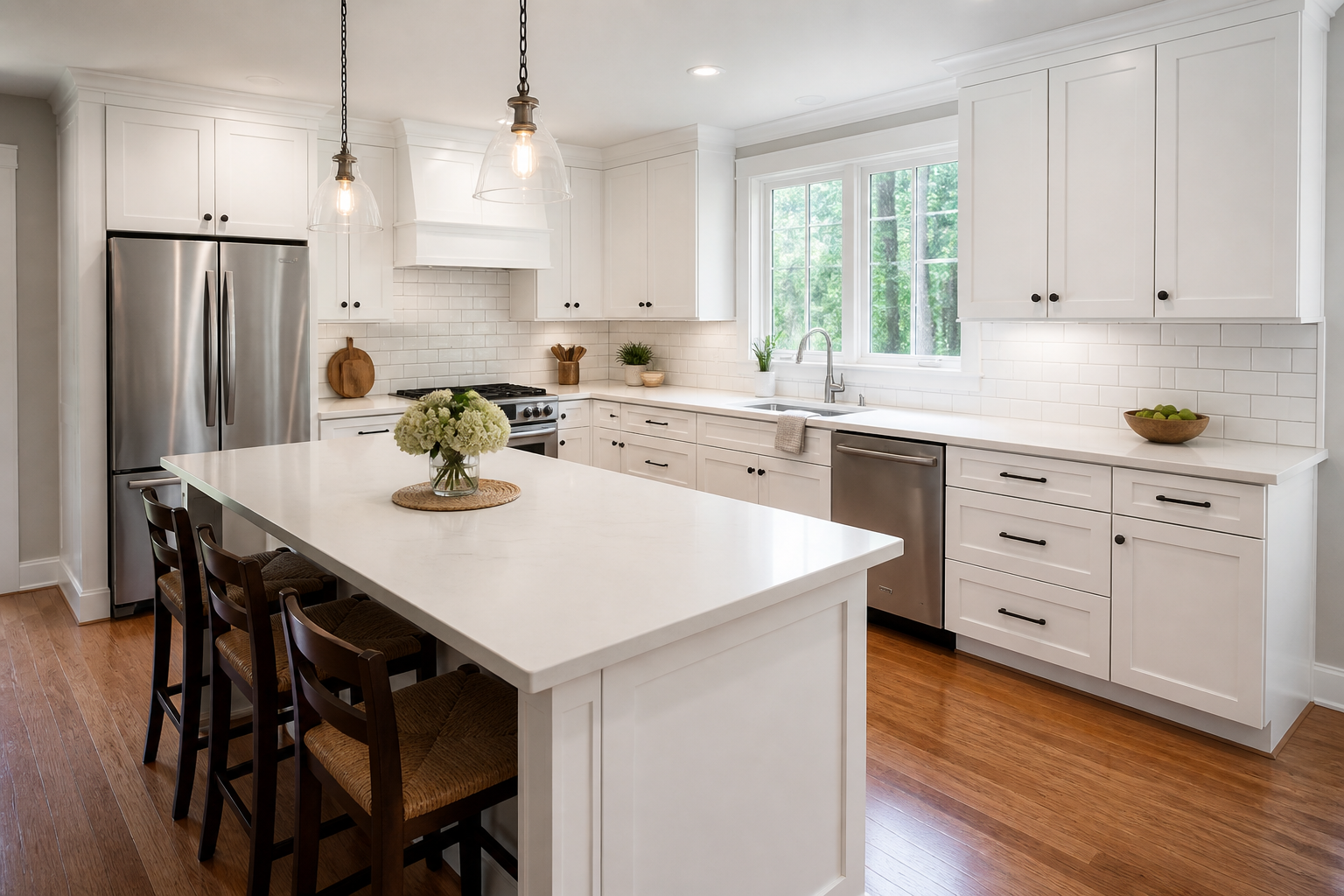 Completed kitchen remodel with white cabinets and quartz counters
